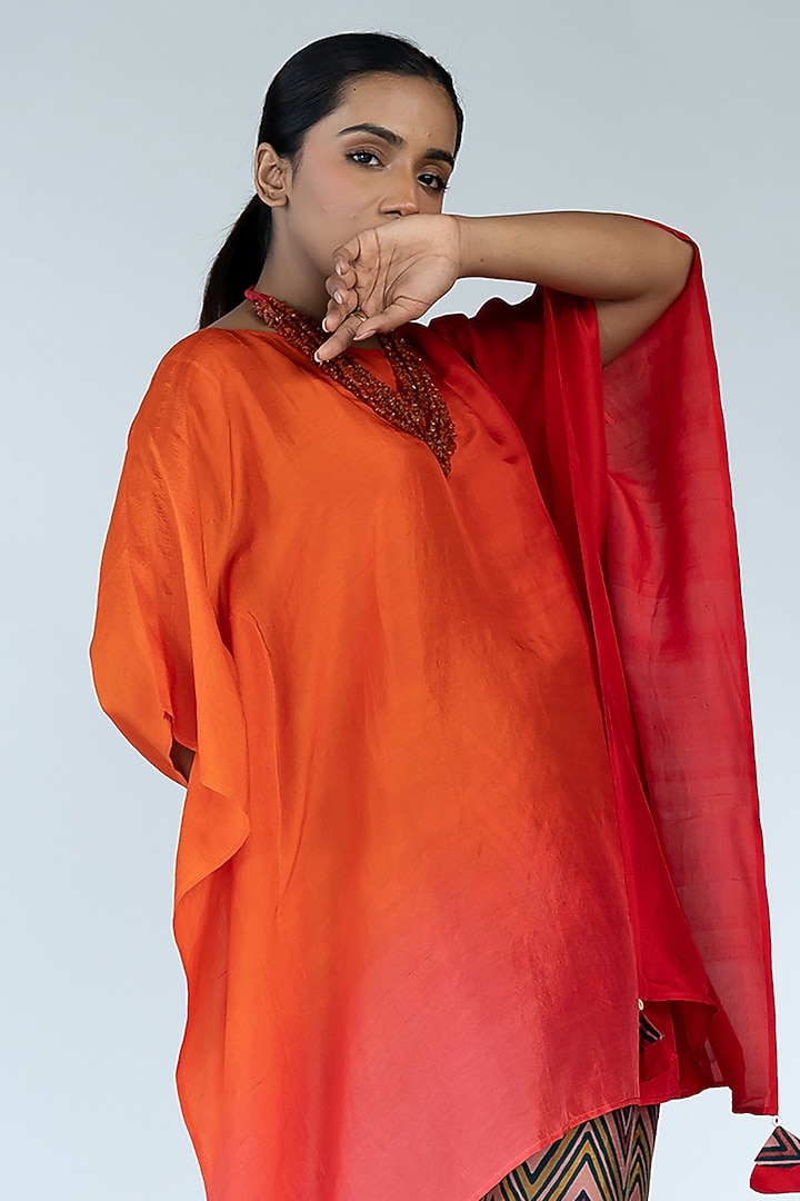 Orange & Red Pure Silk Hand-Dyed Ombre Kaftan Set by Meghna Panchmatia at Pernia's Pop Up Shop
