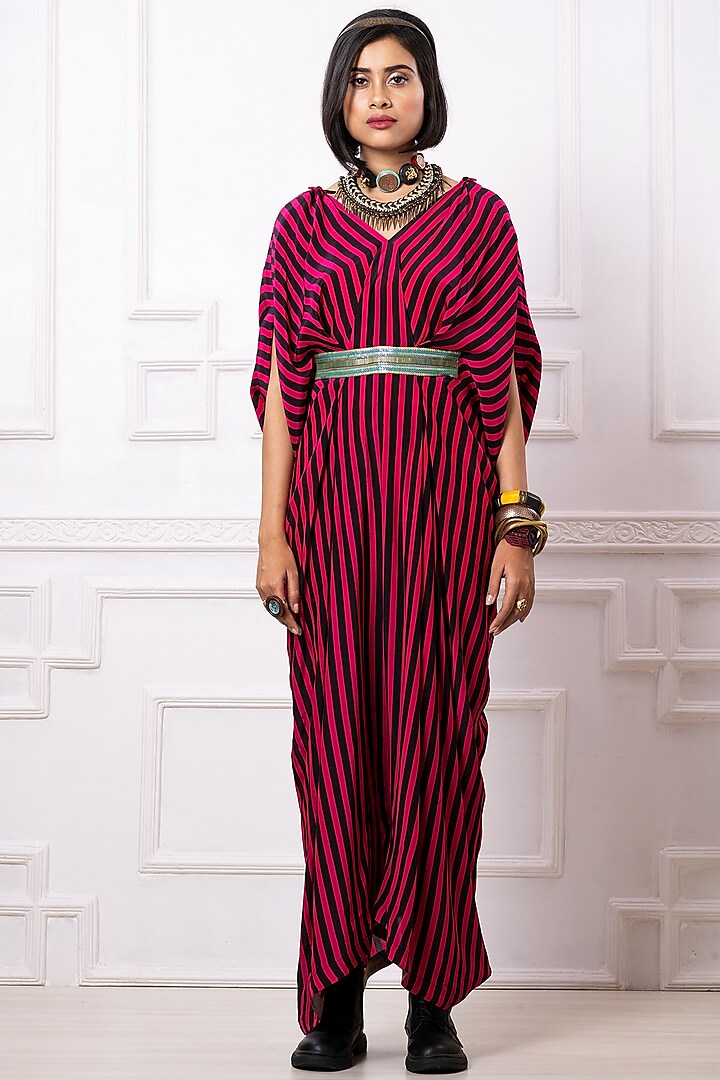 Pink & Black Art Crepe Striped Kaftan Jumpsuit by Megha Garg