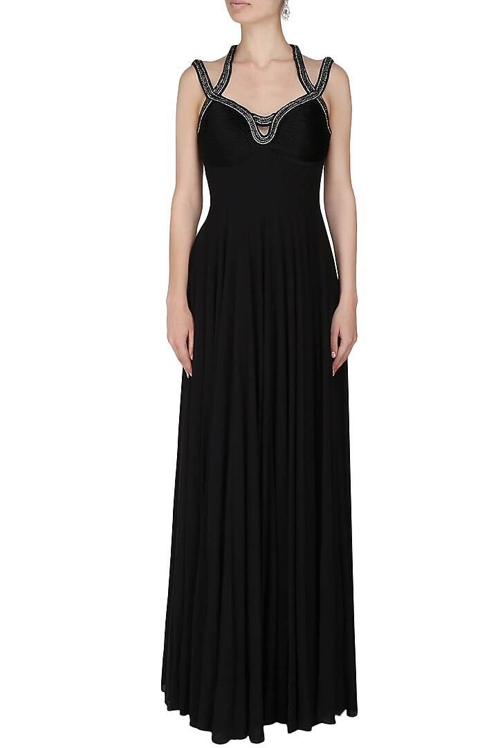 Manav Gangwani presents Black geometric crystal back gown available only at Pernia's Pop Up Shop.