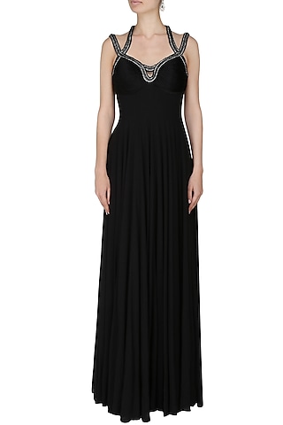 Black Geometric Crystal Back Gown by Manav Gangwani