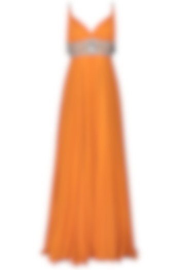 Manav Gangwani presents Orange embroidered empire line gown available only at Pernia's Pop Up Shop.