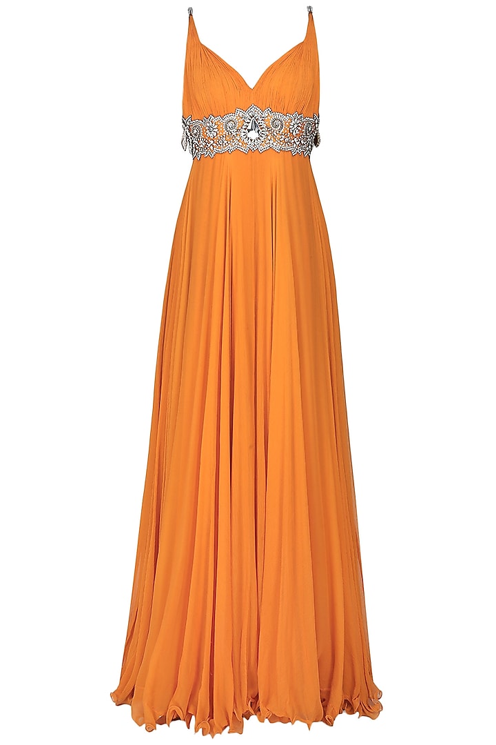 Orange Embroidered Empire Line Gown by Manav Gangwani