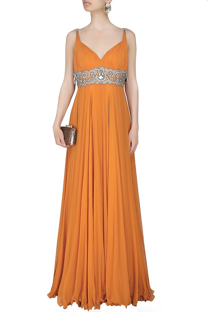 Manav Gangwani presents Orange embroidered empire line gown available only at Pernia's Pop Up Shop.