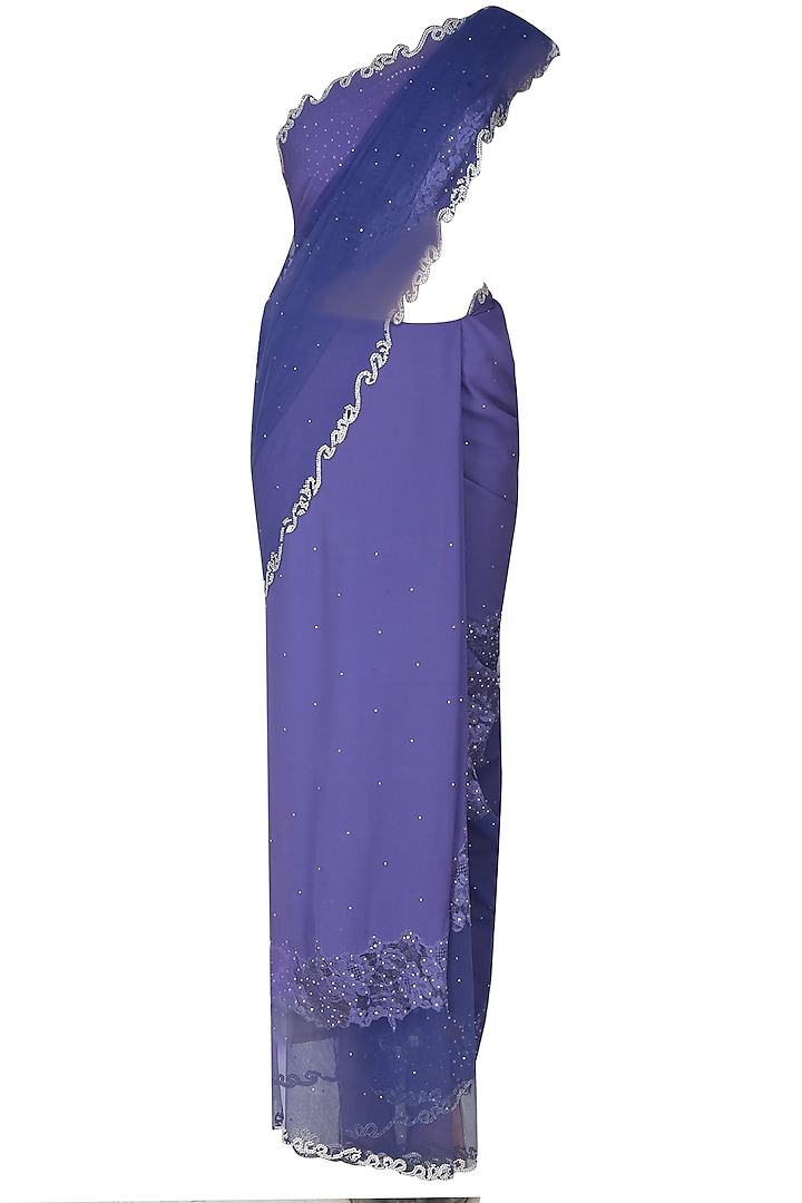 Ink Blue Asymmetric French Lace Cut Work Saree With Ink Blue Crystal Embellished Blouse by Manav Gangwani