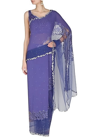 Ink Blue Asymmetric French Lace Cut Work Saree With Ink Blue Crystal Embellished Blouse by Manav Gangwani