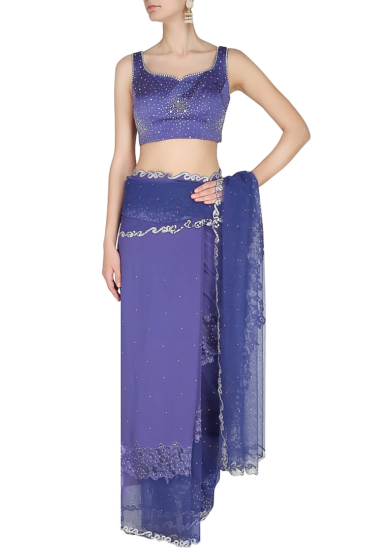 Manav Gangwani presents Ink blue asymmetric french lace cut work saree with ink blue crystal embellished blouse available only at Pernia's Pop Up Shop.