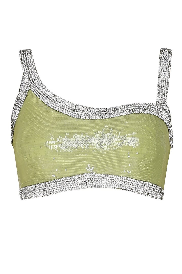 Manav Gangwani presents Olive green silver crystal line jacquard saree with matching olive green blouse available only at Pernia's Pop Up Shop.