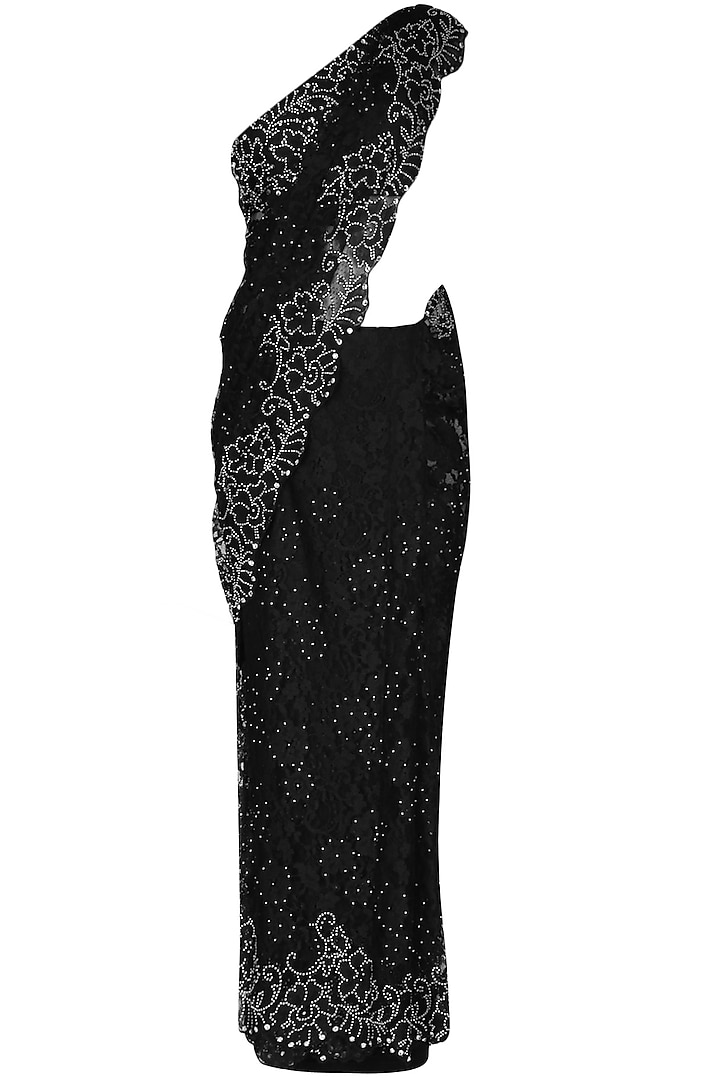 Black French Lace Saree With Black Swarovski Crystal Sequins Embellished Blouse by Manav Gangwani