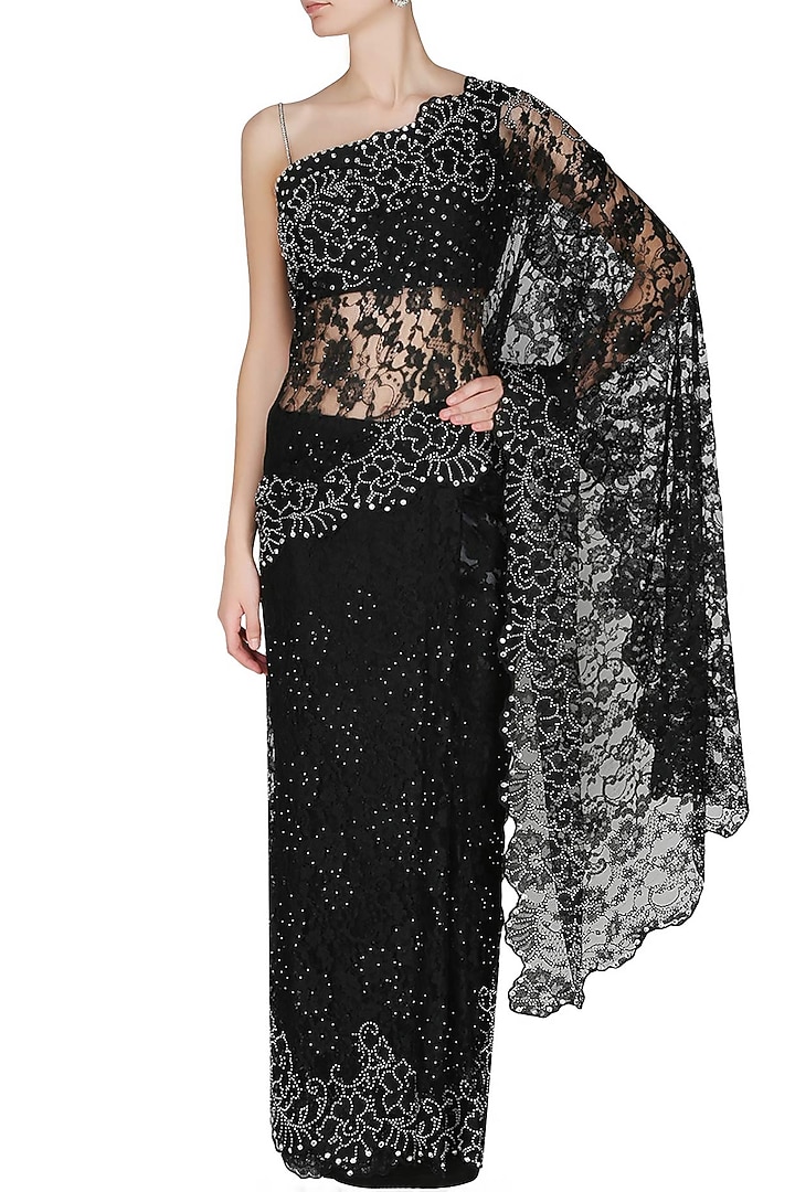 Manav Gangwani presents Black french lace saree with black swarovski crystal sequins embellished blouse available only at Pernia's Pop Up Shop.