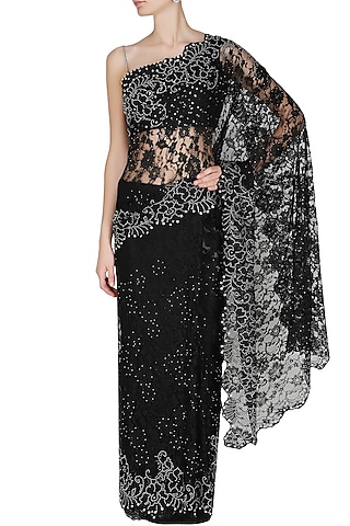 Black French Lace Saree With Black Swarovski Crystal Sequins Embellished Blouse by Manav Gangwani