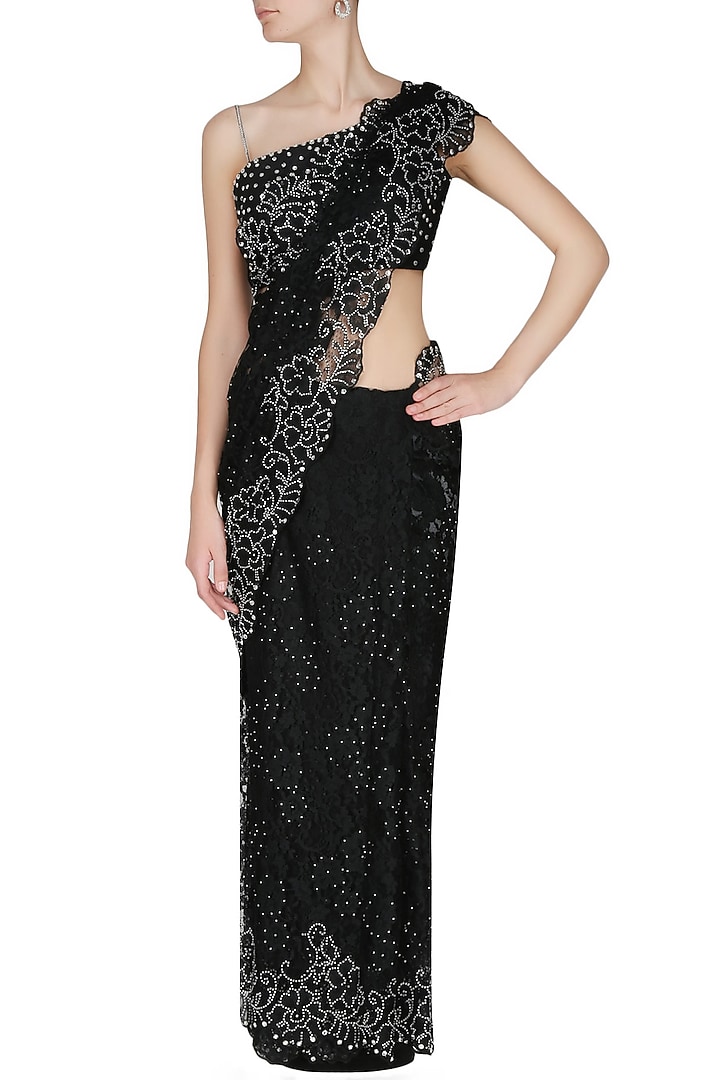 Manav Gangwani presents Black french lace saree with black swarovski crystal sequins embellished blouse available only at Pernia's Pop Up Shop.