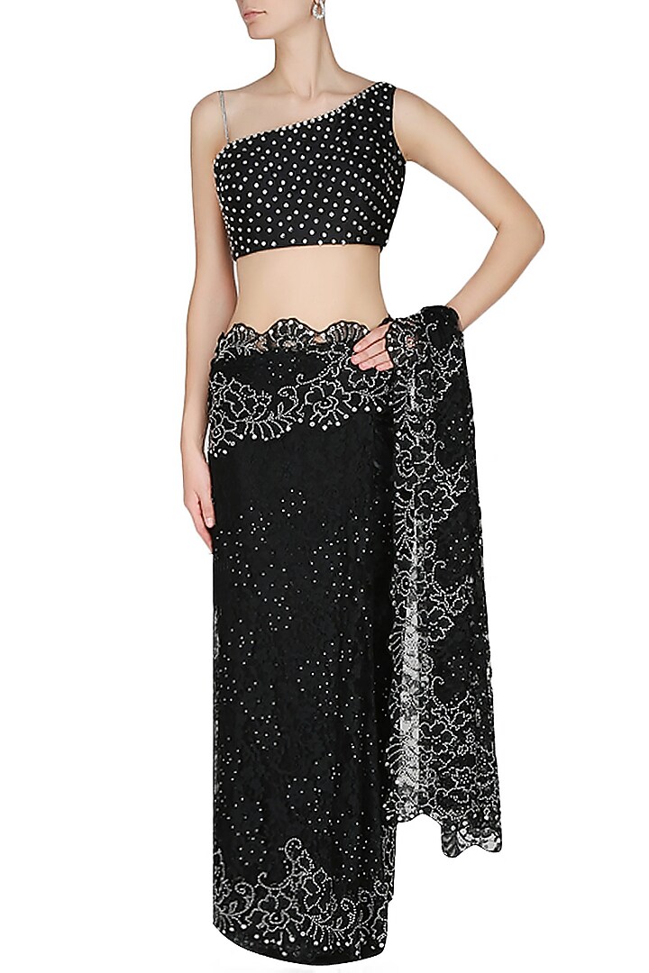 Manav Gangwani presents Black french lace saree with black swarovski crystal sequins embellished blouse available only at Pernia's Pop Up Shop.