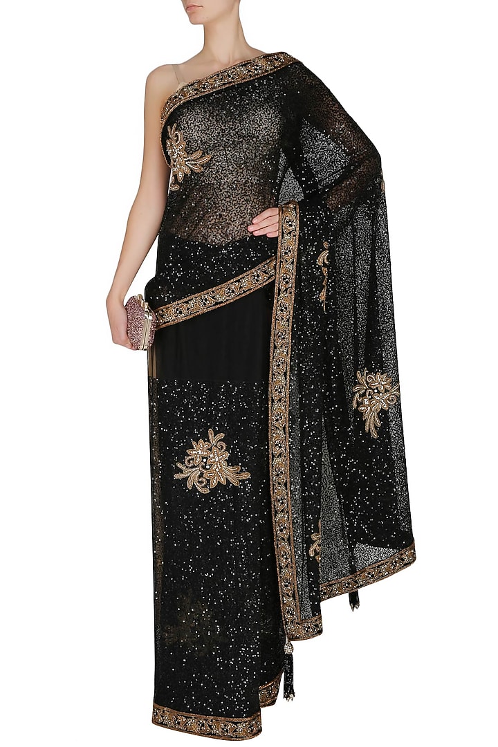Manav Gangwani presents Black antique threadwork embroidered saree available only at Pernia's Pop Up Shop.