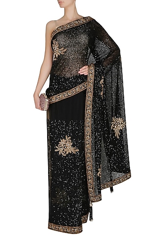 Black Antique Threadwork Embroidered Saree by Manav Gangwani