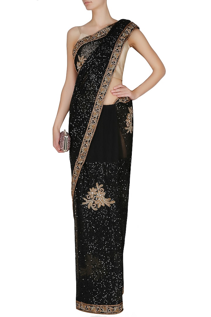 Manav Gangwani presents Black antique threadwork embroidered saree available only at Pernia's Pop Up Shop.