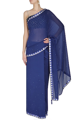 Cobalt Blue Embroidered Saree by Manav Gangwani