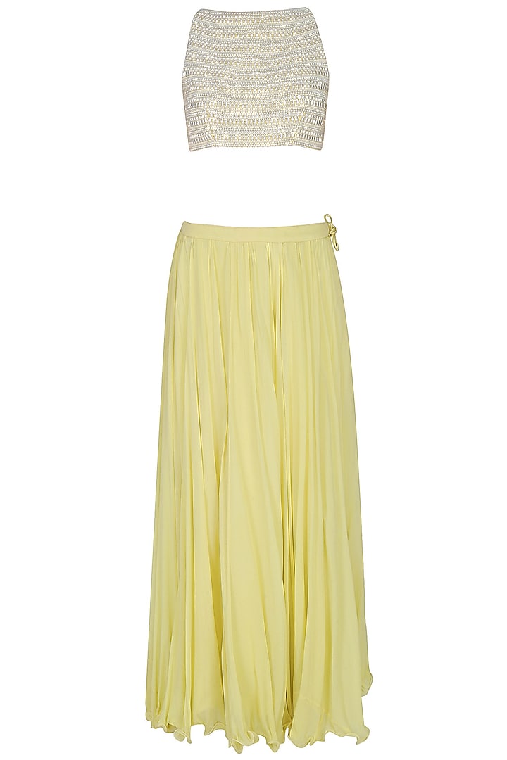 Lemon Yellow Pleated Skirt With Pearl Embellished Crop Top Blouse Set by Manav Gangwani
