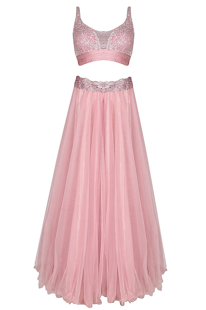 Onion Pink Flowy Layered Skirt With Onion Pink Crystal Embedded Blouse Set by Manav Gangwani