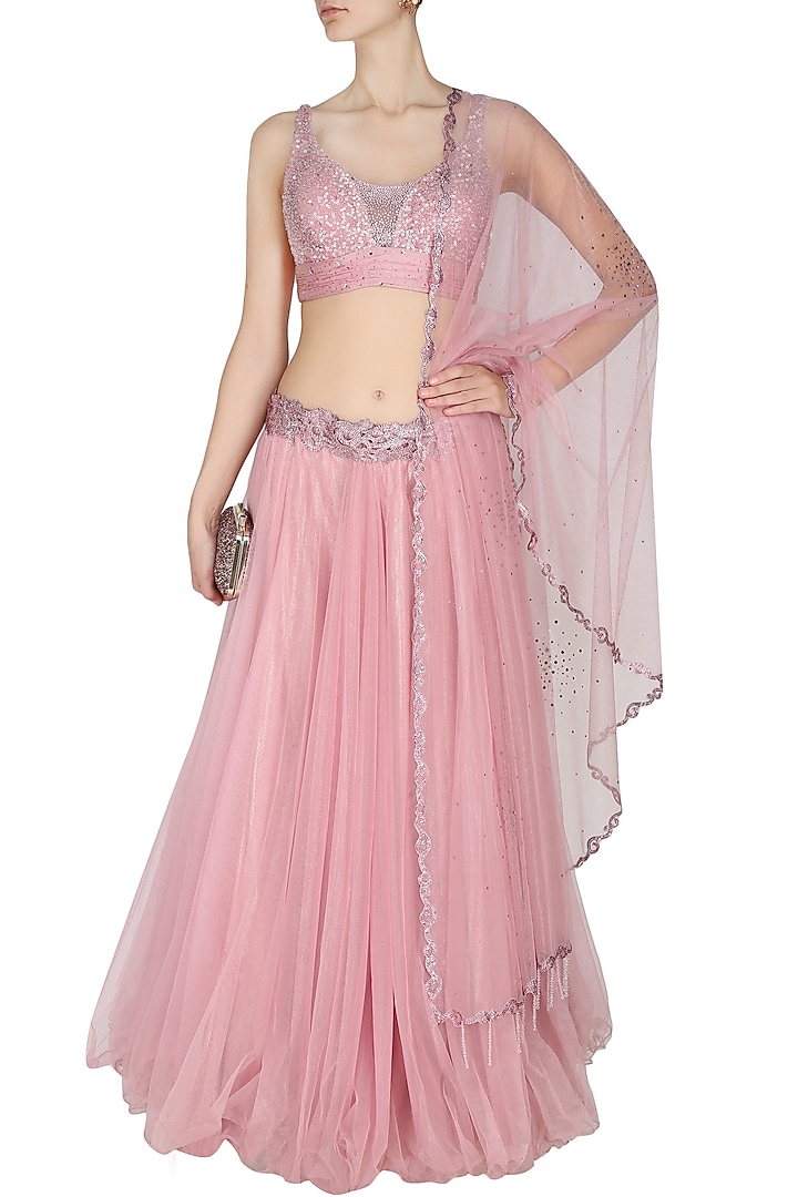Manav Gangwani presents Onion pink flowy layered skirt with onion pink crystal embedded blouse set available only at Pernia's Pop Up Shop.