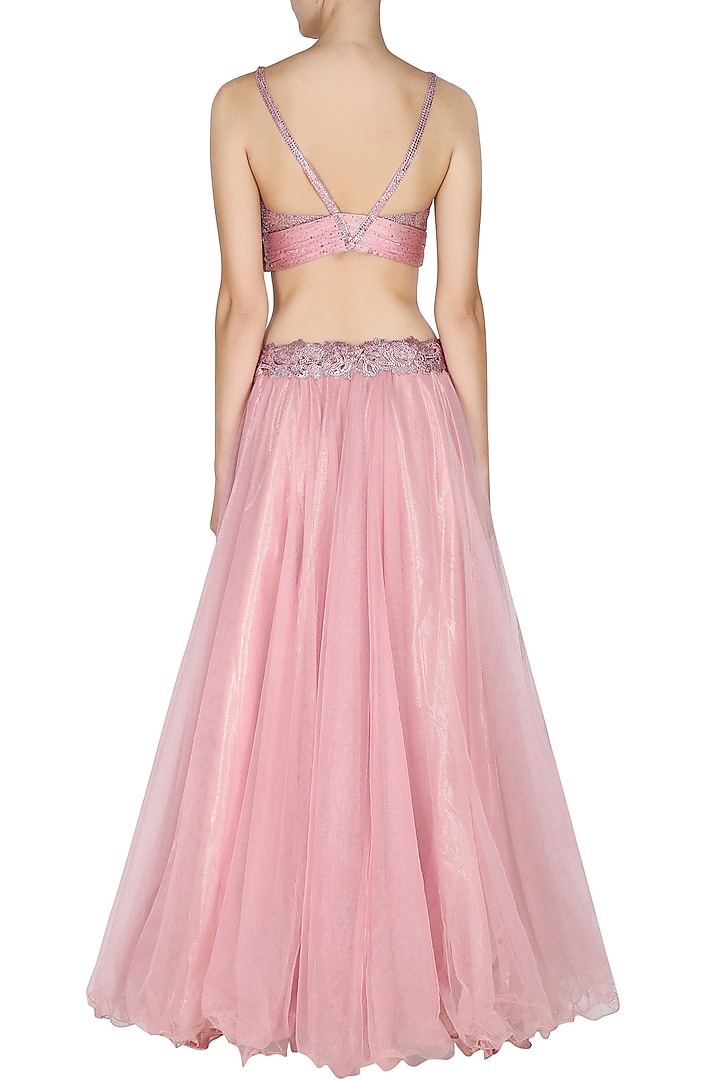 Manav Gangwani presents Onion pink flowy layered skirt with onion pink crystal embedded blouse set available only at Pernia's Pop Up Shop.