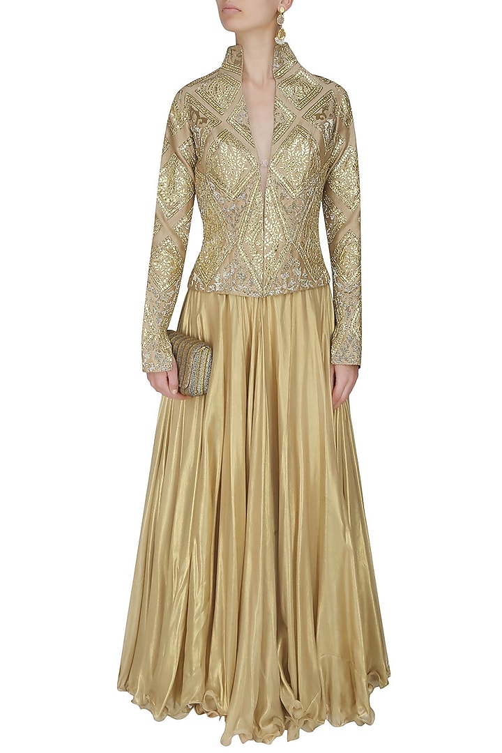Manav Gangwani presents Gold geometrical gota patti embroidered jacket available only at Pernia's Pop Up Shop.