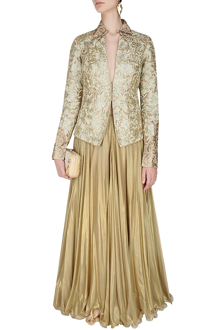 Manav Gangwani presents Gold floral threadwork embroidered jacket available only at Pernia's Pop Up Shop.
