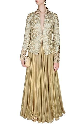 Gold Floral Threadwork Embroidered Jacket by Manav Gangwani