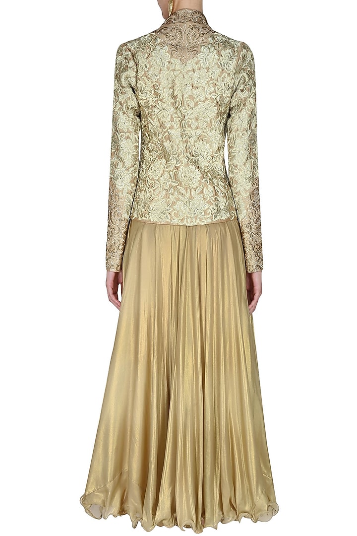 Manav Gangwani presents Gold floral threadwork embroidered jacket available only at Pernia's Pop Up Shop.