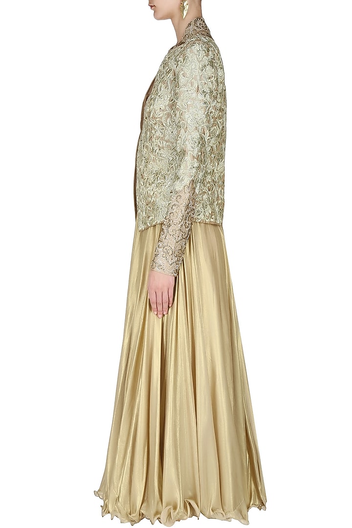 Manav Gangwani presents Gold floral threadwork embroidered jacket available only at Pernia's Pop Up Shop.