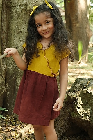Old Gold & Maroon Embroidered Frock For Girls by Mhysa Clothing ( TM )