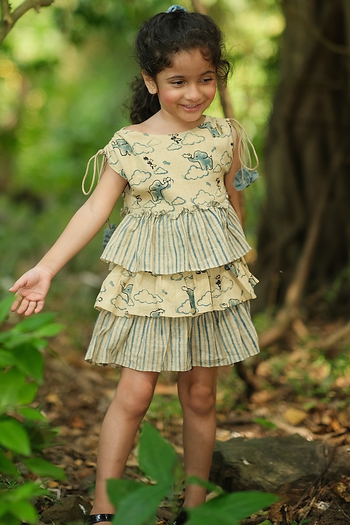 Allure Blue & Beige Printed Dress For Girls by Mhysa Clothing ( TM )