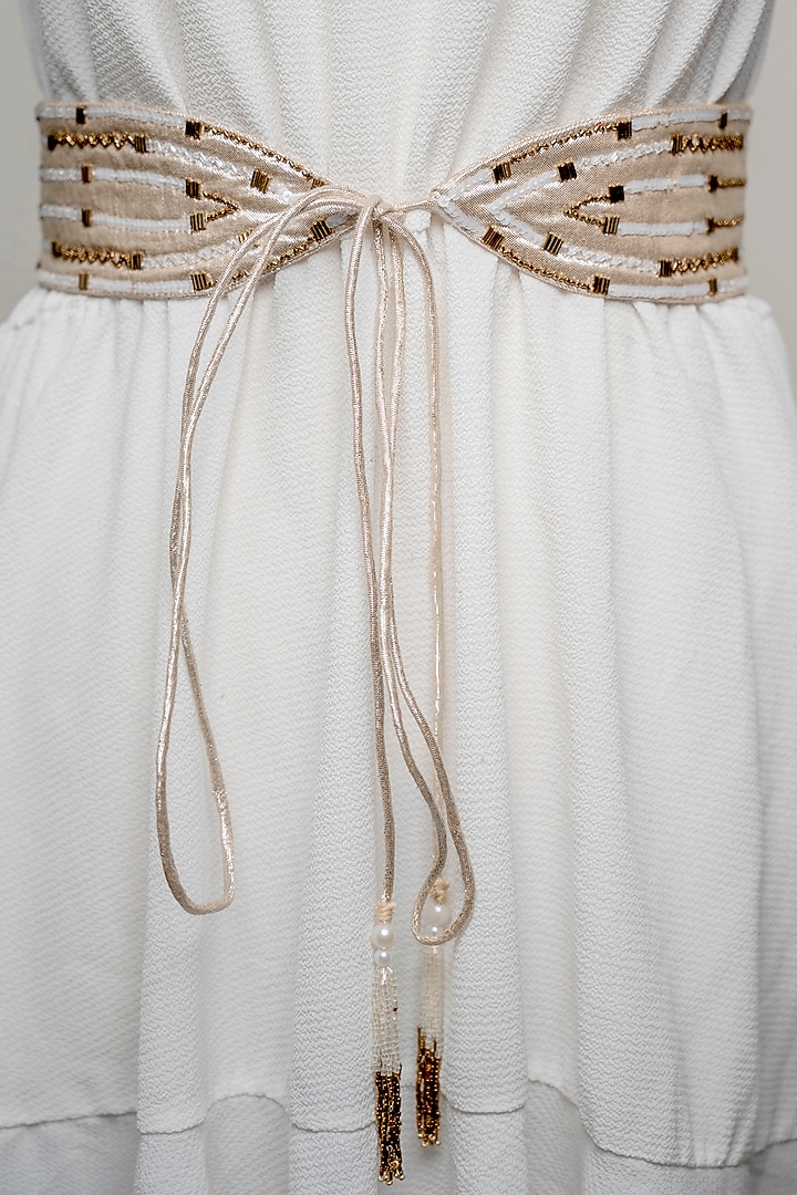 Gold Shimmer Hand Embroidered Tie-Up Belt by MEHRAKI at Pernia's Pop Up Shop