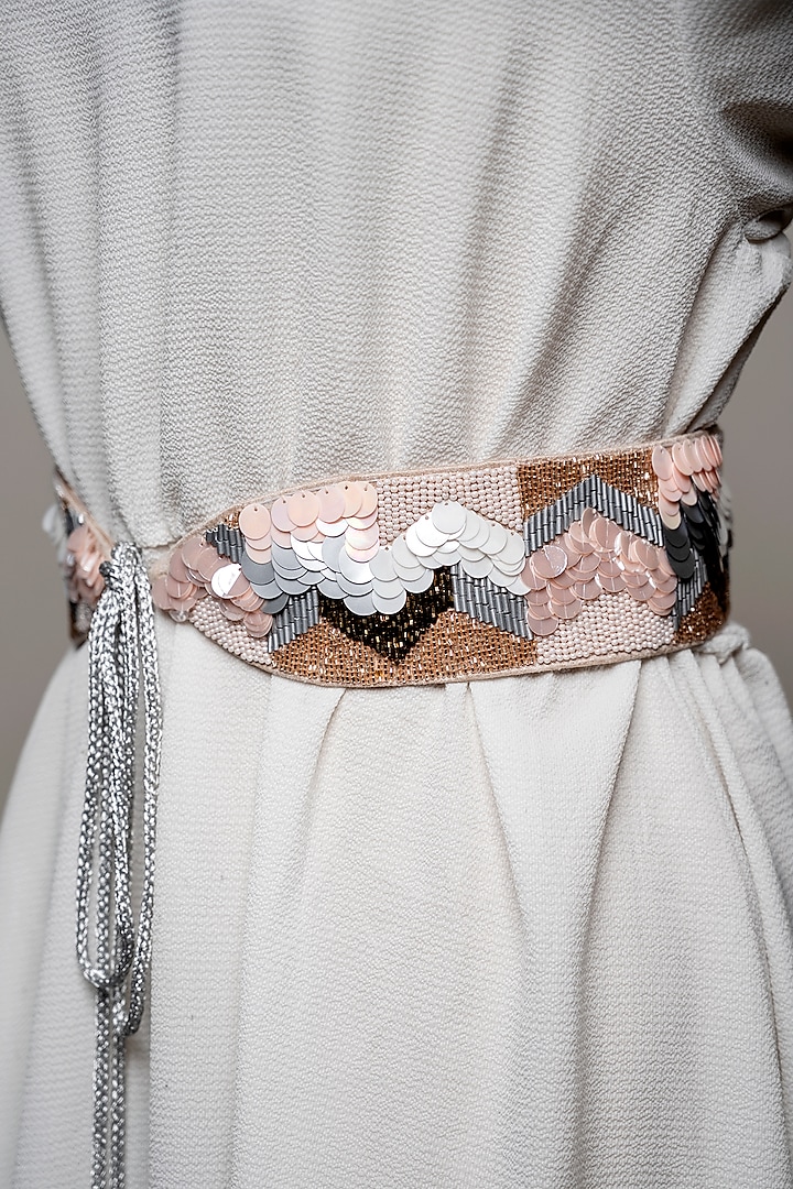 Nude Raw Silk Embroidered Tie-Up Belt by MEHRAKI
