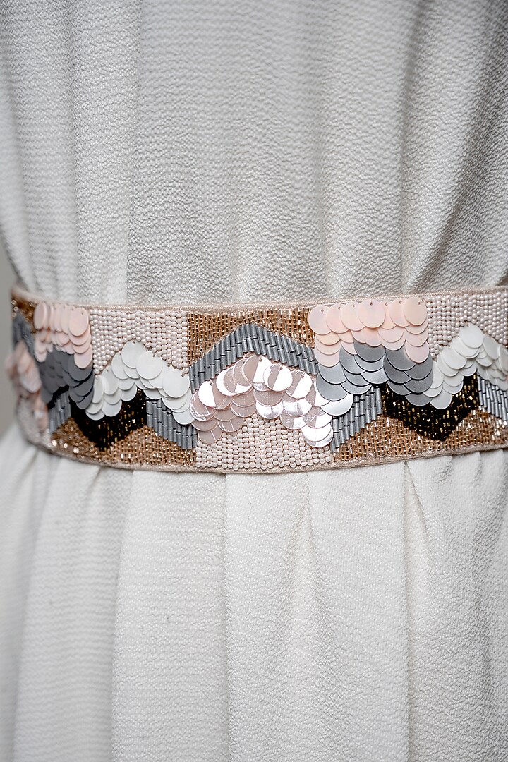 Nude Raw Silk Embroidered Tie-Up Belt by MEHRAKI at Pernia's Pop Up Shop
