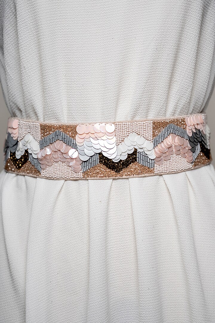 Nude Raw Silk Embroidered Tie-Up Belt by MEHRAKI at Pernia's Pop Up Shop