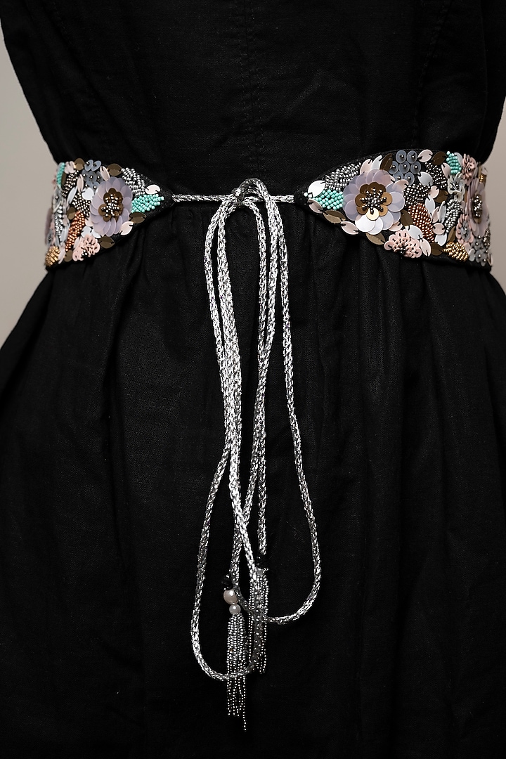 Black Raw Silk Embroidered Tie-Up Belt by MEHRAKI at Pernia's Pop Up Shop