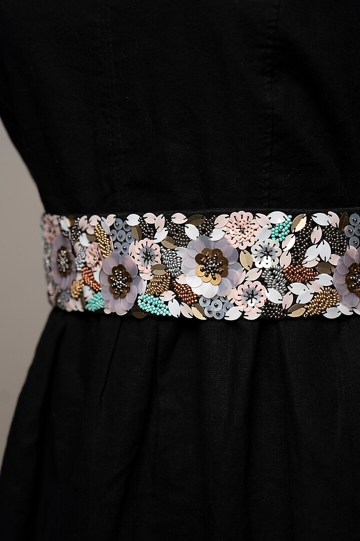 Black Raw Silk Embroidered Tie-Up Belt by MEHRAKI at Pernia's Pop Up Shop