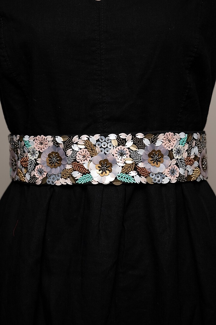 Black Raw Silk Embroidered Tie-Up Belt by MEHRAKI at Pernia's Pop Up Shop