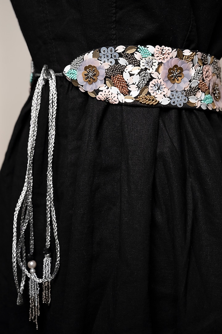 Black Raw Silk Embroidered Tie-Up Belt by MEHRAKI at Pernia's Pop Up Shop