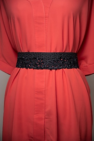 Black Raw Silk Embroidered Tie-Up Belt by MEHRAKI