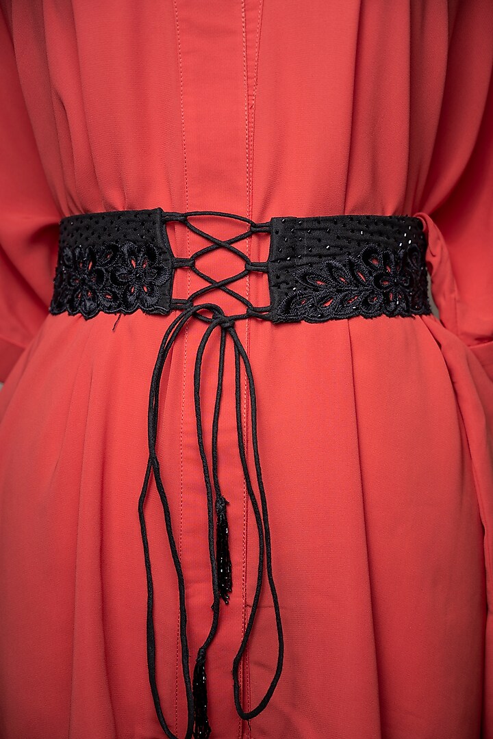Black Raw Silk Embroidered Tie-Up Belt by MEHRAKI at Pernia's Pop Up Shop