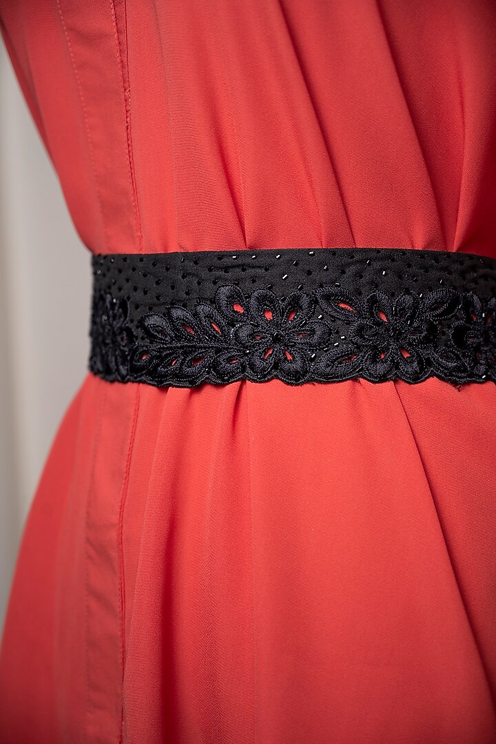 Black Raw Silk Embroidered Tie-Up Belt by MEHRAKI at Pernia's Pop Up Shop