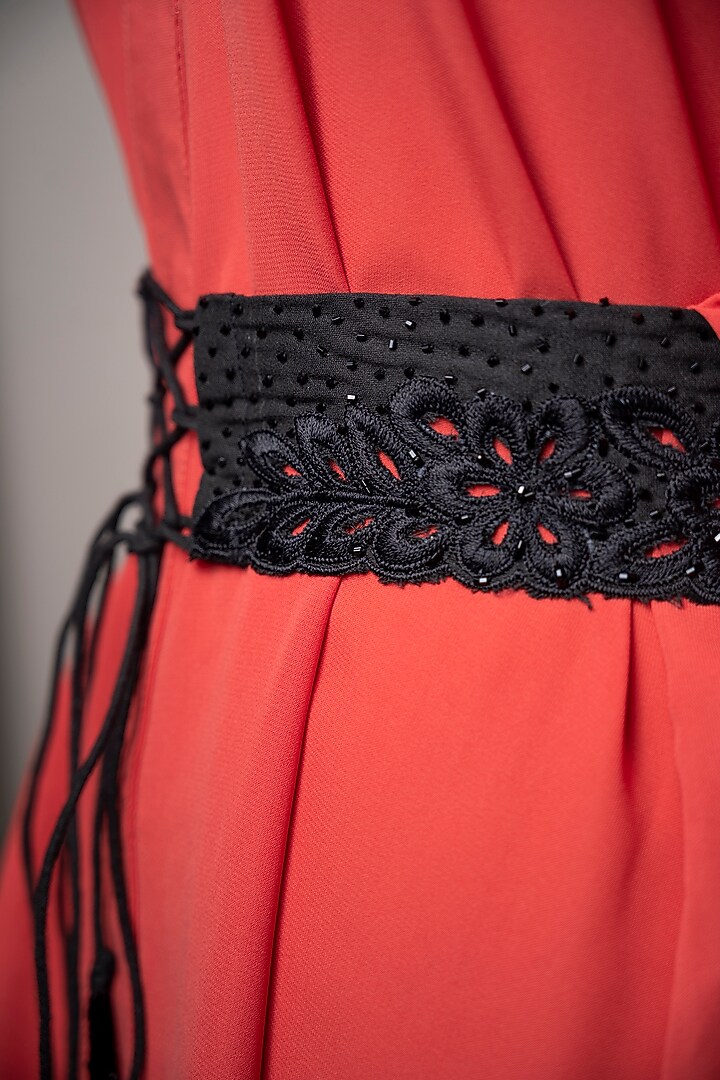 Black Raw Silk Embroidered Tie-Up Belt by MEHRAKI at Pernia's Pop Up Shop