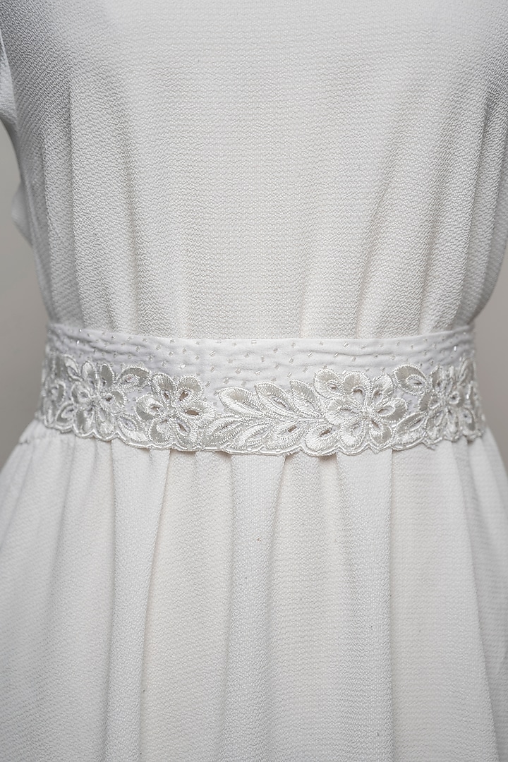 White Raw Silk Embroidered Tie-Up Belt by MEHRAKI