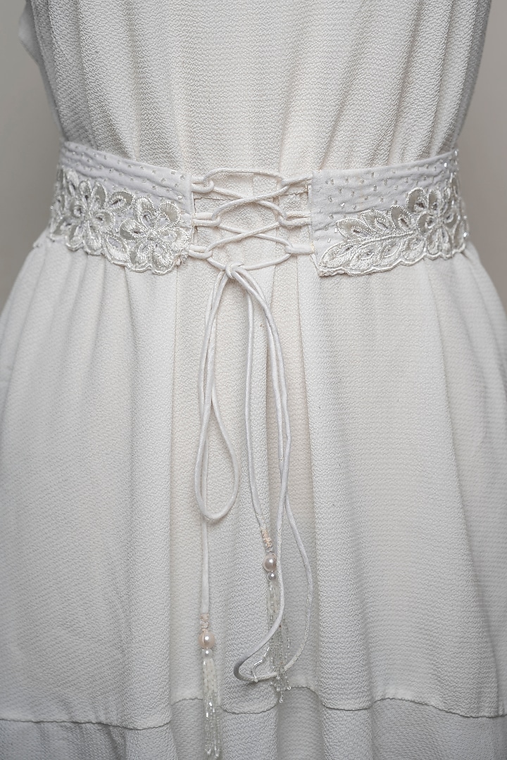 White Raw Silk Embroidered Tie-Up Belt by MEHRAKI at Pernia's Pop Up Shop