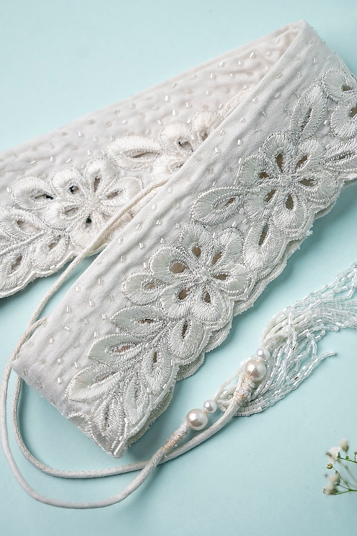 White Raw Silk Embroidered Tie-Up Belt by MEHRAKI at Pernia's Pop Up Shop