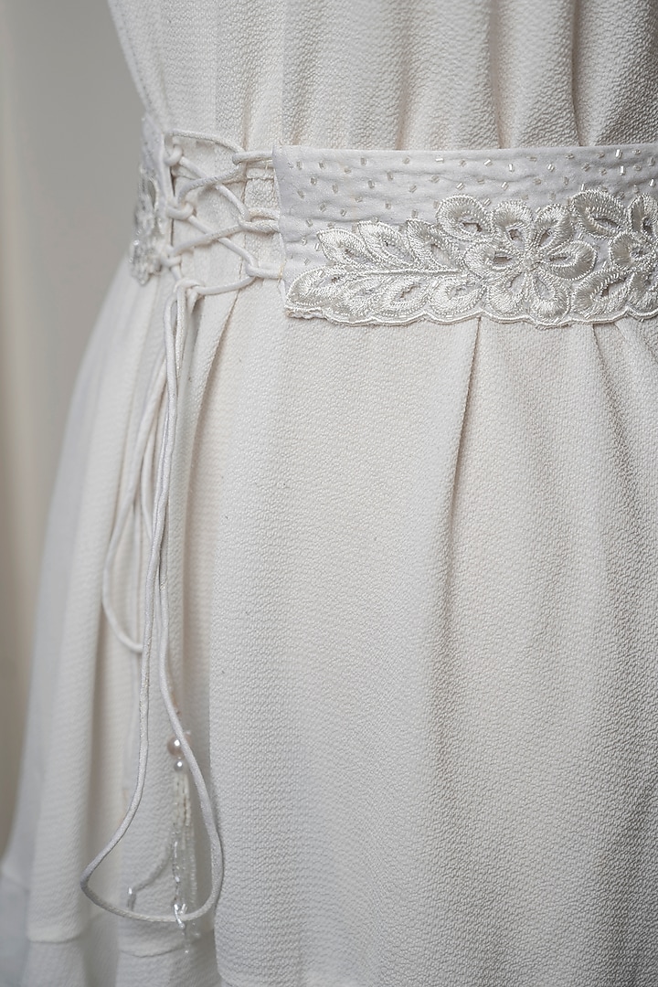 White Raw Silk Embroidered Tie-Up Belt by MEHRAKI at Pernia's Pop Up Shop