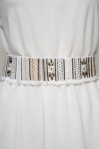 White Raw Silk Hand Embroidered Tie-Up Belt by MEHRAKI