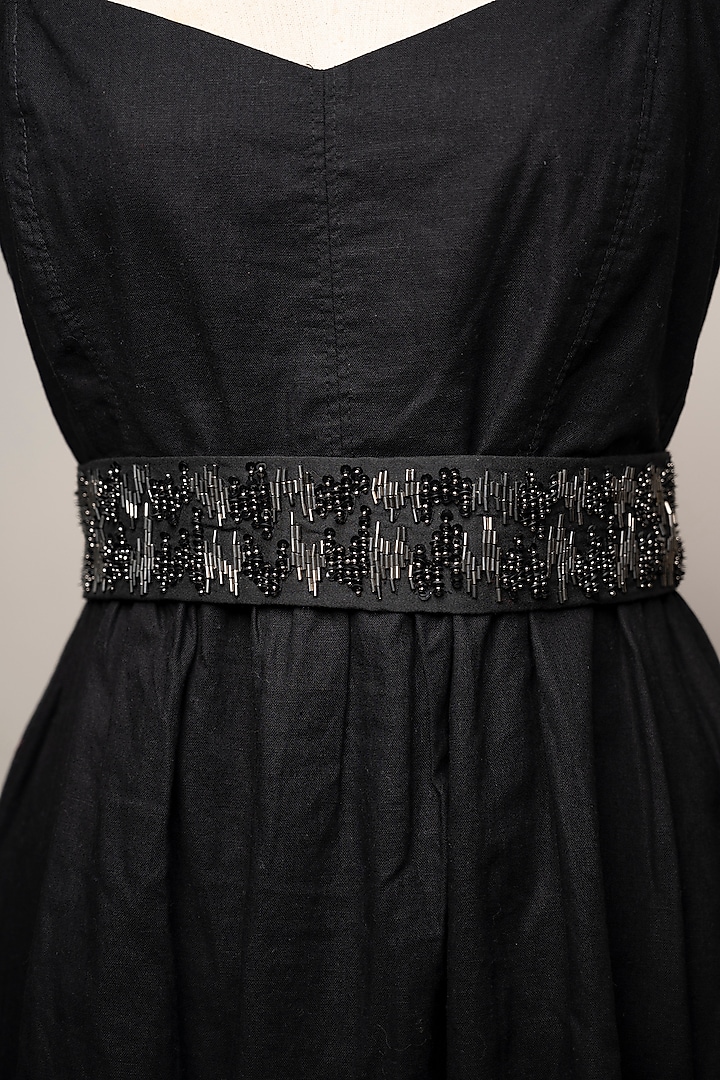 Black Raw Silk Embroidered Tie-Up Belt by MEHRAKI
