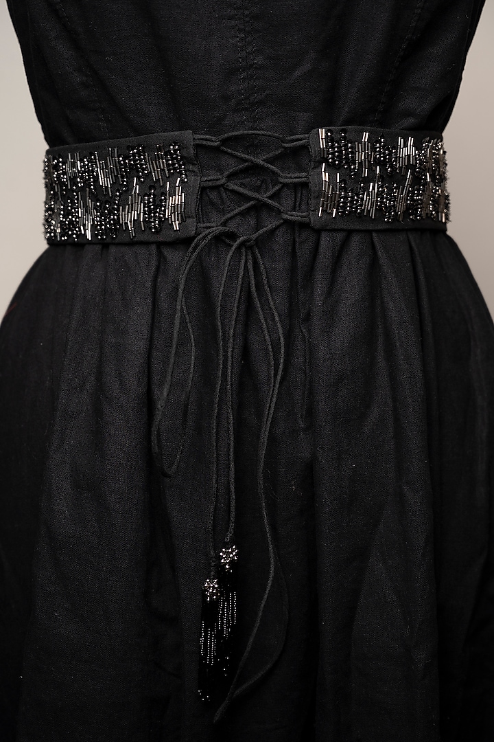 Black Raw Silk Embroidered Tie-Up Belt by MEHRAKI at Pernia's Pop Up Shop